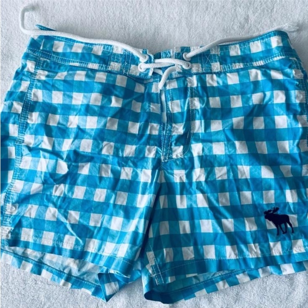 Preowned Abercrombie & Fitch Turquoise White Plaid Swim Trunks Shorts Sz L, XL
